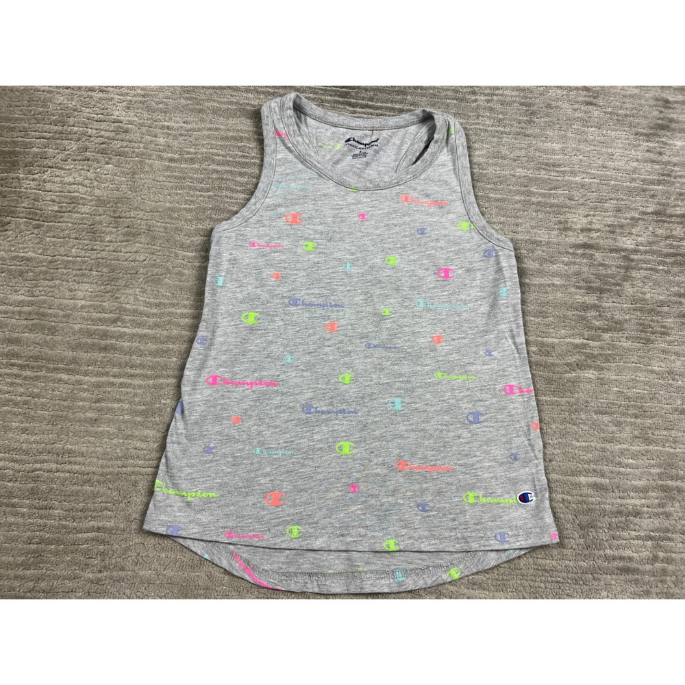 Champion Tank Top Girls S Grey Neon Logo Print Racerback Athletic Curved Hem